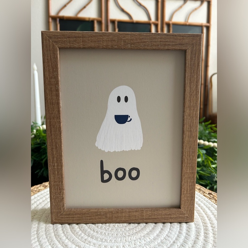 Faux Wood Framed Ghost BOO with Coffee Mug 7.5”x9.5” Halloween Picture